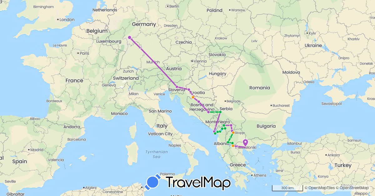 TravelMap itinerary: driving, bus, train, hiking, boat, hitchhiking in Albania, Bosnia and Herzegovina, Germany, Greece, Croatia, Montenegro, Macedonia, Serbia, Slovenia, Kosovo (Europe)