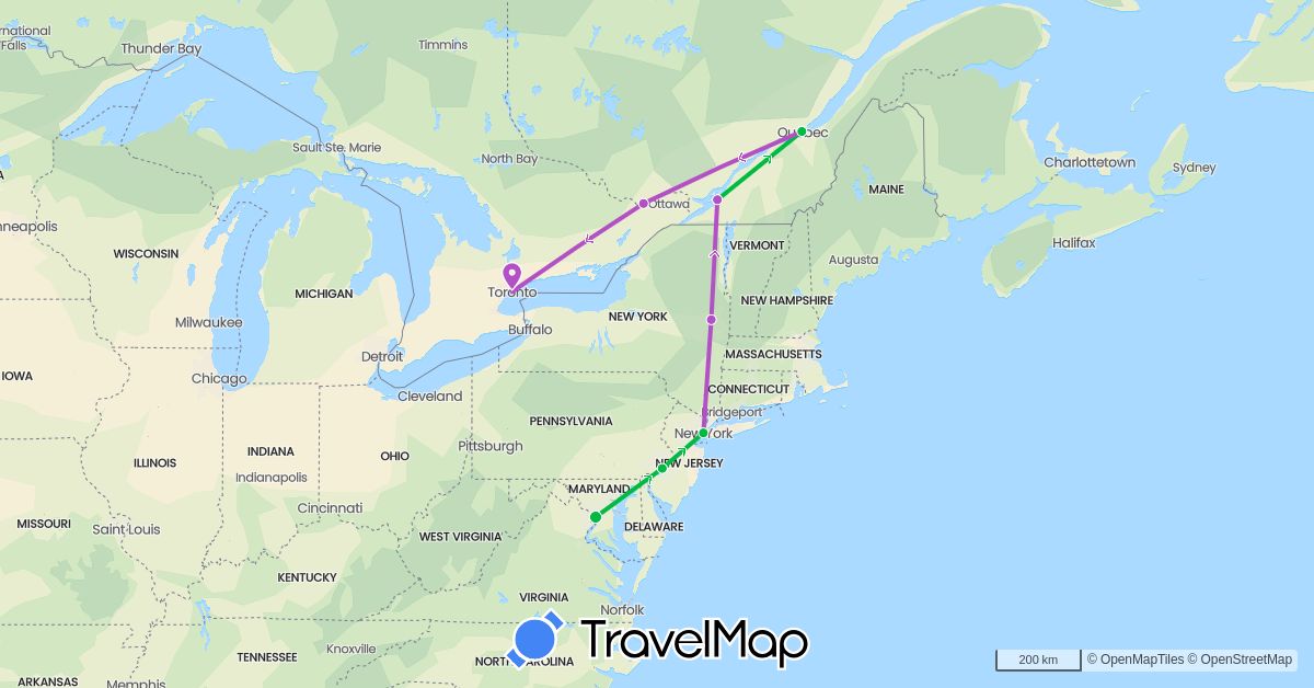 TravelMap itinerary: driving, bus, train in Canada, United States (North America)