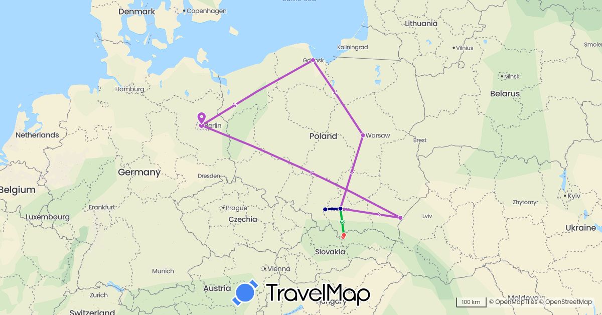 TravelMap itinerary: driving, bus, train, hiking in Germany, Poland (Europe)