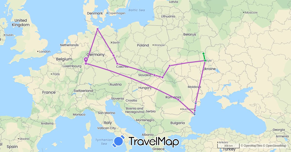 TravelMap itinerary: driving, bus, cycling, train in Czech Republic, Germany, Romania, Slovakia, Ukraine (Europe)