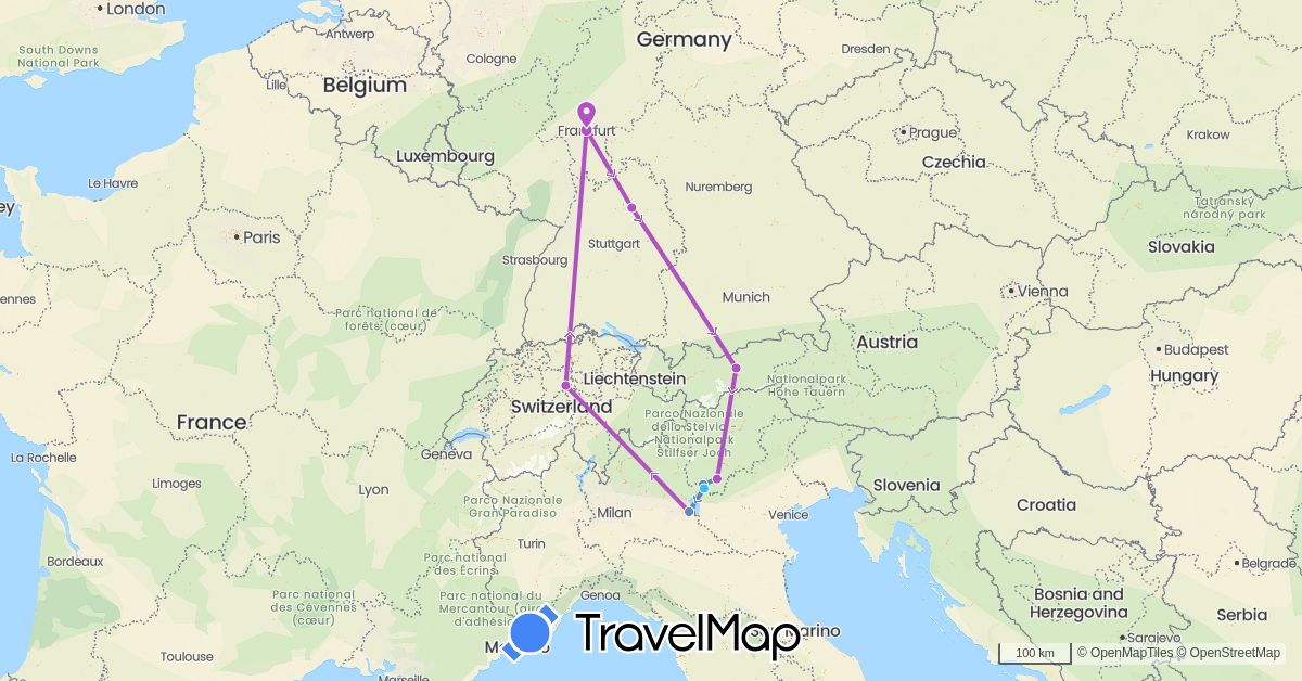 TravelMap itinerary: driving, cycling, train, boat in Austria, Switzerland, Germany, Italy (Europe)