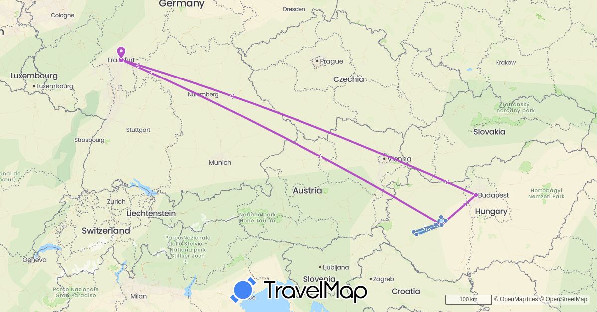 TravelMap itinerary: driving, cycling, train in Germany, Hungary (Europe)
