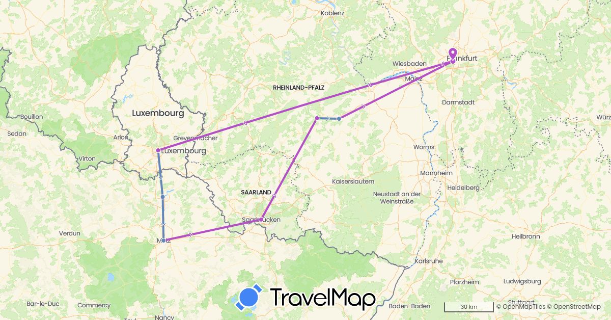 TravelMap itinerary: driving, cycling, train in Germany, France, Luxembourg (Europe)