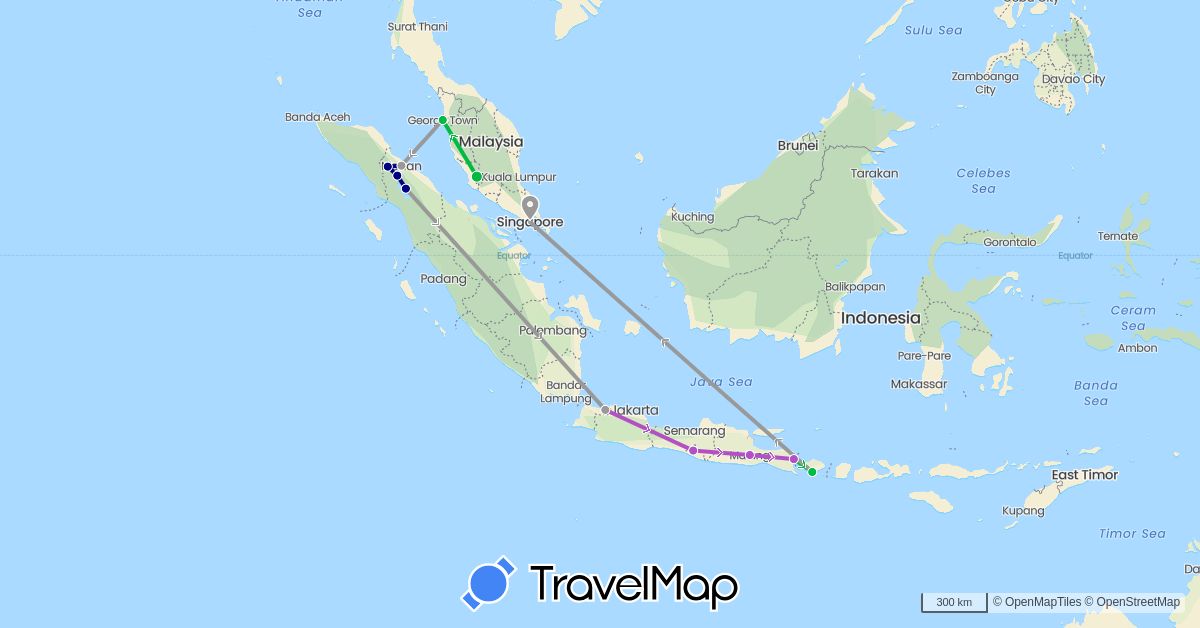 TravelMap itinerary: driving, bus, plane, train in Indonesia, Malaysia, Singapore (Asia)