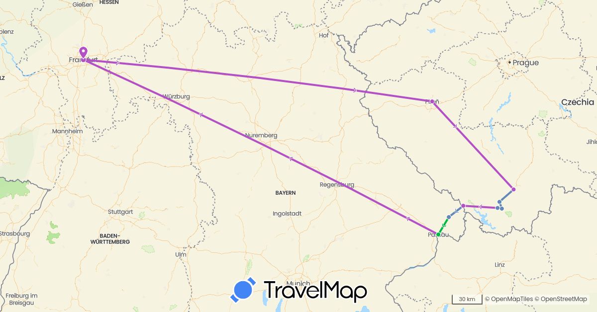 TravelMap itinerary: driving, bus, cycling, train in Czech Republic, Germany (Europe)