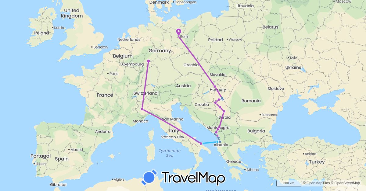 TravelMap itinerary: driving, cycling, train, boat in Albania, Germany, Hungary, Italy, Montenegro, Serbia (Europe)