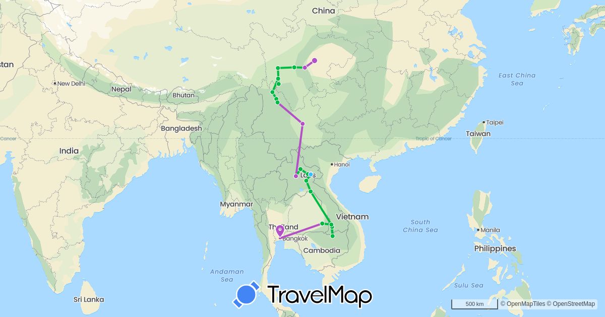 TravelMap itinerary: driving, bus, train, boat in China, Laos, Thailand (Asia)
